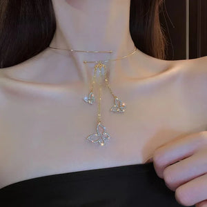 Summer Blue Crystal Stone Butterfly Pendant Double Layer Necklace for Women Fashion Daily Accessory Party Jewelry Birthday Gifts