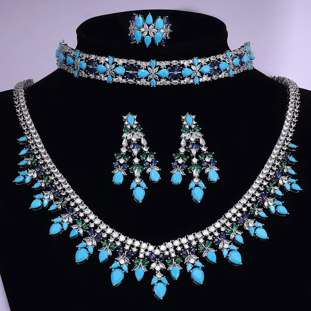 Luxury Turquoise Bridal 4-Piece Set of Dubai Jewellery Necklace Earrings Bracelet Ring Set Wedding Birdes Accessoires