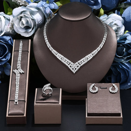 New Wedding Jewelry Set for Women Saudi Arabia 4 Pieces Zirconia Bridal Jewellery Collection Necklace Set