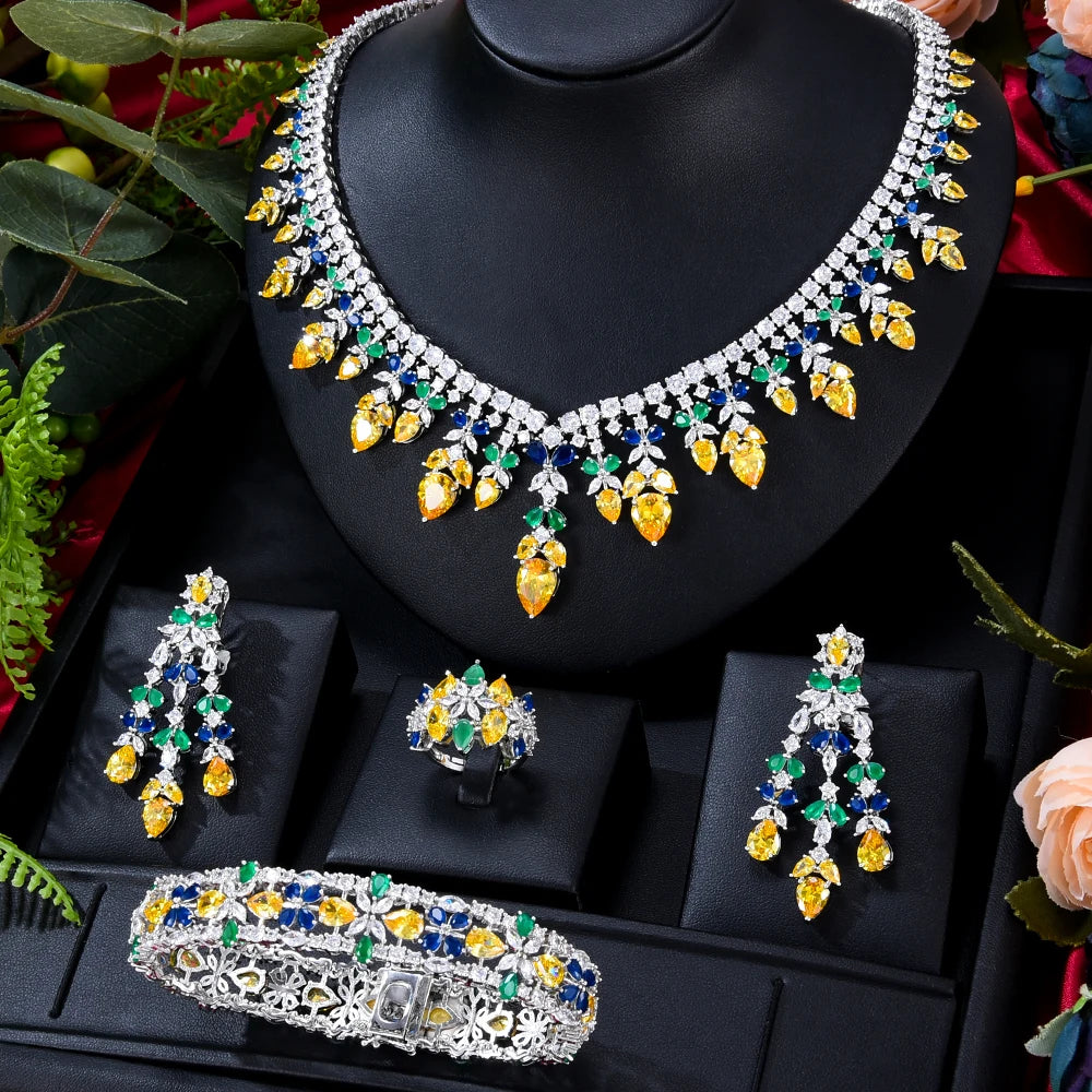 Luxury Turquoise Bridal 4-Piece Set of Dubai Jewellery Necklace Earrings Bracelet Ring Set Wedding Birdes Accessoires