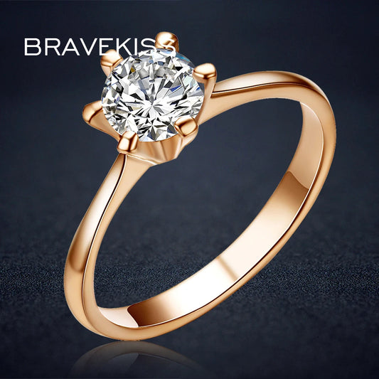 BRAVEKISS Vintage Rose Gold Color Promise Engagement Rings for Women Round CZ Stone Solitaire Ring Wedding Bands Jewel BJR0012A