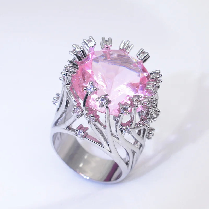 New 925 Sterling Silver Ring Inlaid Pink Crystal Zircon Exaggerated Ring For Woman Wedding Jewelry Gift