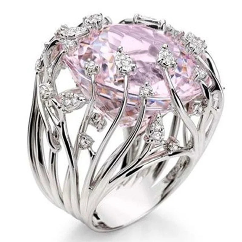 New 925 Sterling Silver Ring Inlaid Pink Crystal Zircon Exaggerated Ring For Woman Wedding Jewelry Gift