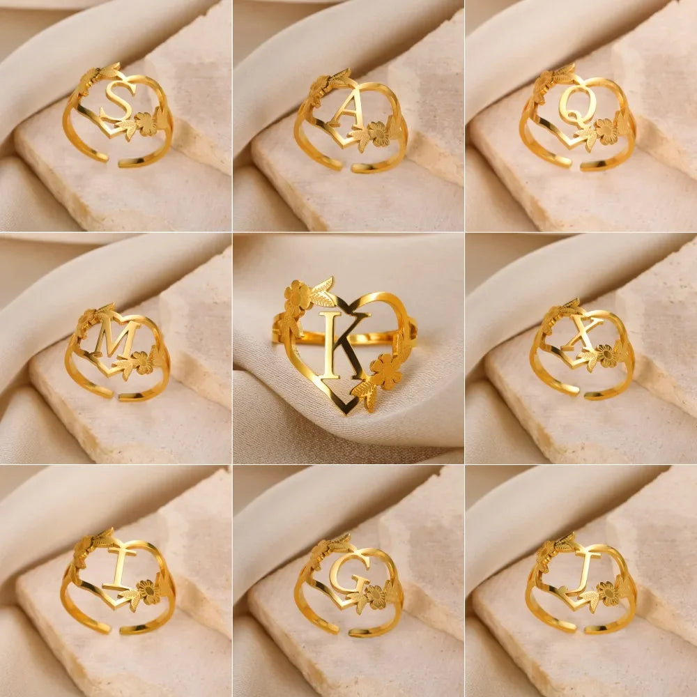 Stainless Steel Initials Flower Heart Rings Gold Color Adjustable Delicate Letter Leaf Rings for Women Girl Alphabet Jewelry