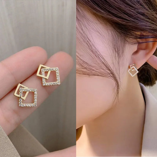 Korean Geometric Double Layers Rhombus Earrings for Women Gold Color Crystal Temperament Earring 2025 Fashion Jewelry Gift