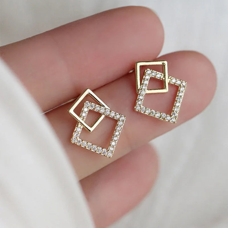 Korean Geometric Double Layers Rhombus Earrings for Women Gold Color Crystal Temperament Earring 2025 Fashion Jewelry Gift