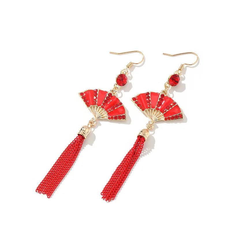 Chinese Style Festive Good Luck Red Earrings For Women Folding Fan Metal Tassel Pendant Charm Earrings Party Jewelry Gifts