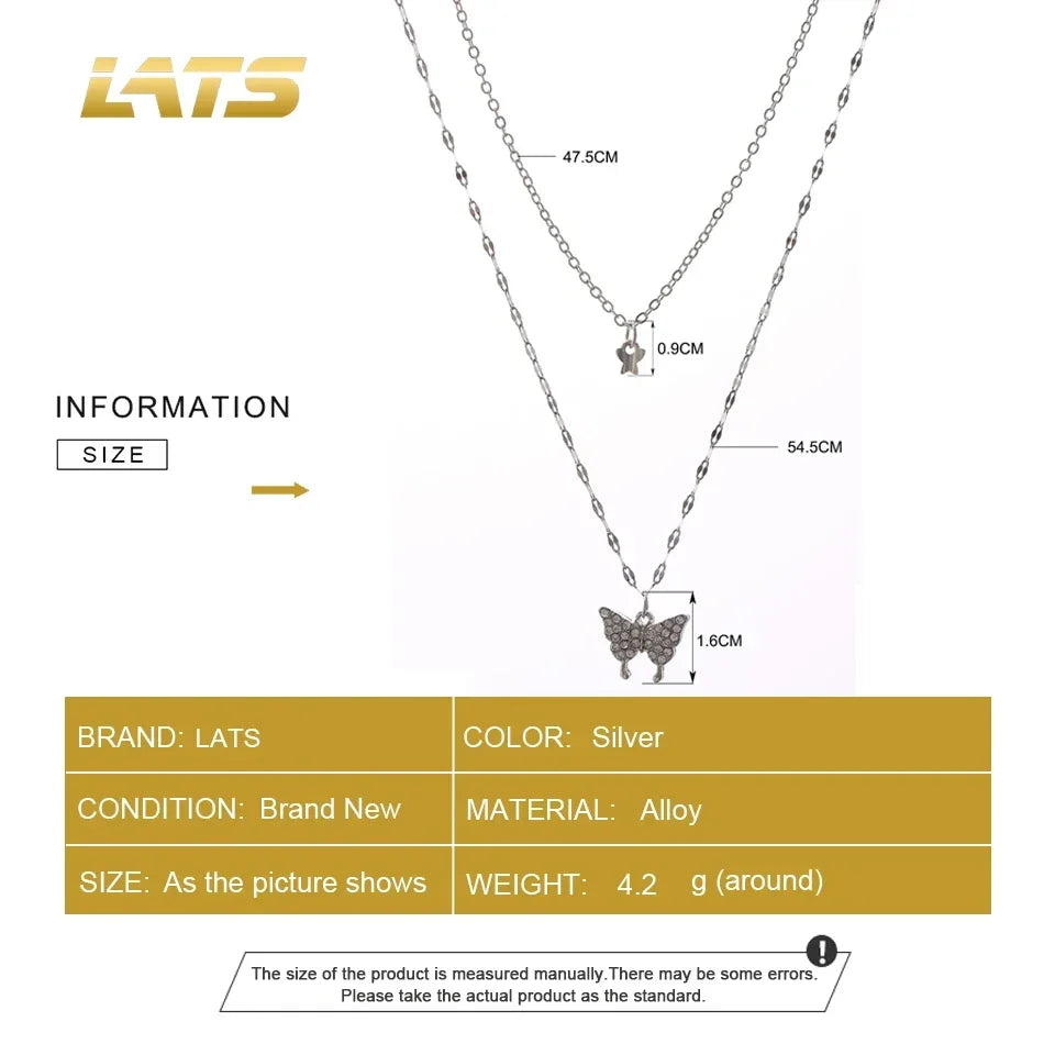 LATS New Elegant Silver color Shiny Butterfly Necklaces Ladies Exquisite Double Layer Clavicle Chain Necklace Jewelry Gift