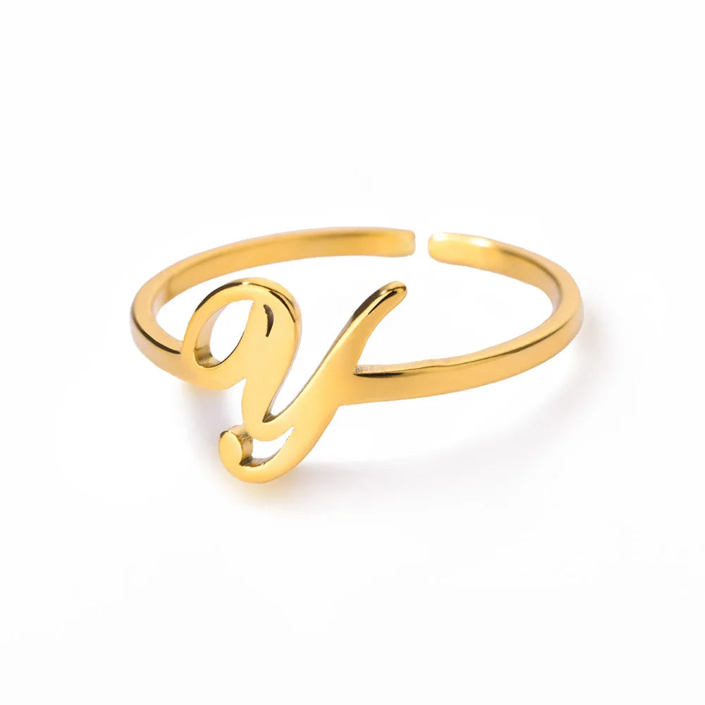 Initial Letter Rings For Women Gold Color Stainless Steel  A-Z Letter Adjustable Ring Aesthetic Wedding Christmas Jewelry Gift