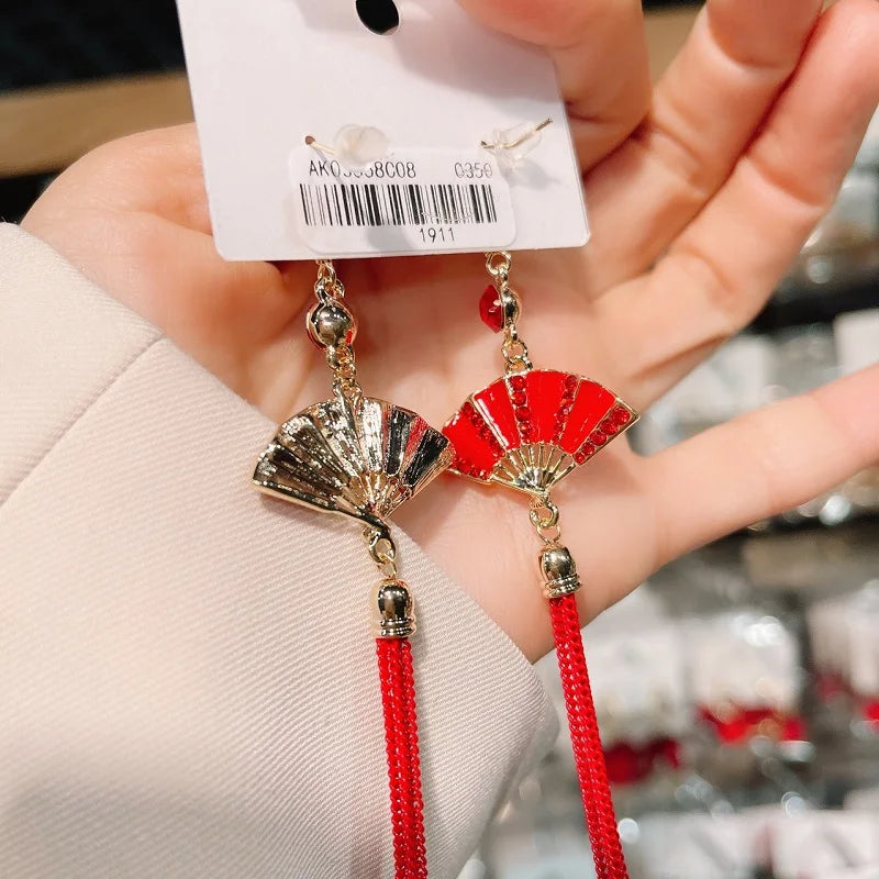 Chinese Style Festive Good Luck Red Earrings For Women Folding Fan Metal Tassel Pendant Charm Earrings Party Jewelry Gifts