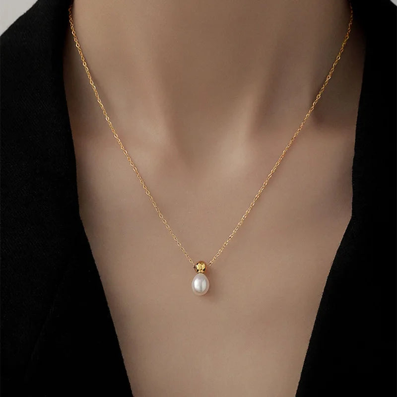 Stainless Steel Retro Gold Color Water Drop Pearl Pendant Necklace for Women Exquisite Korea Chokers Bride Jewelry Colorfast