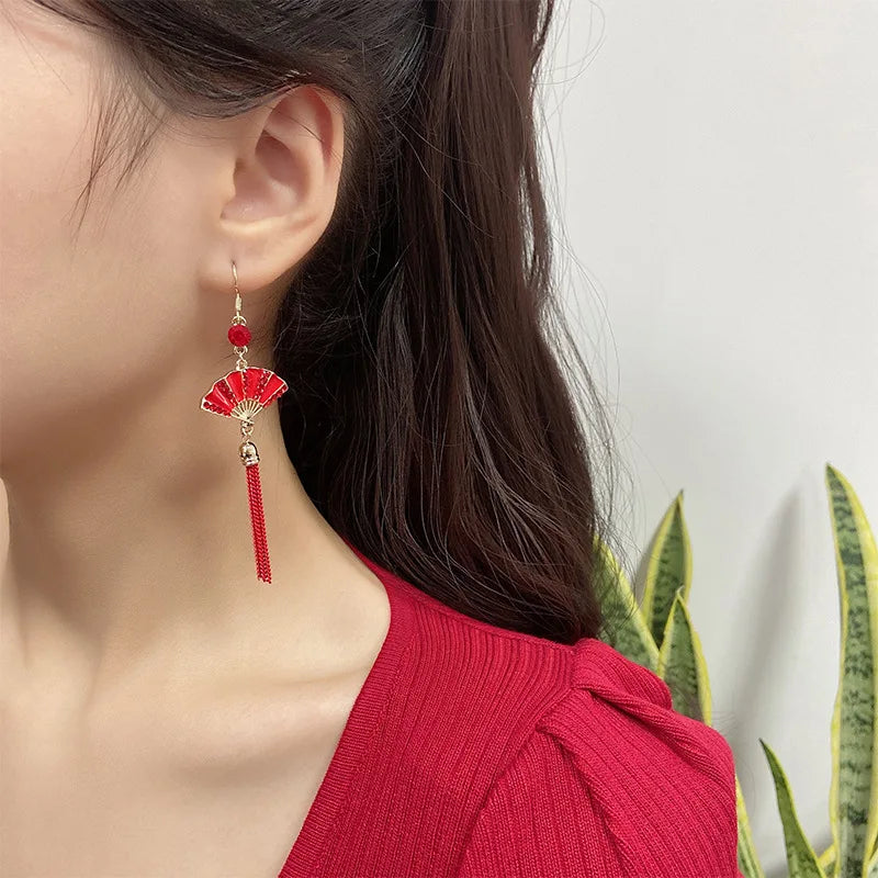 Chinese Style Festive Good Luck Red Earrings For Women Folding Fan Metal Tassel Pendant Charm Earrings Party Jewelry Gifts