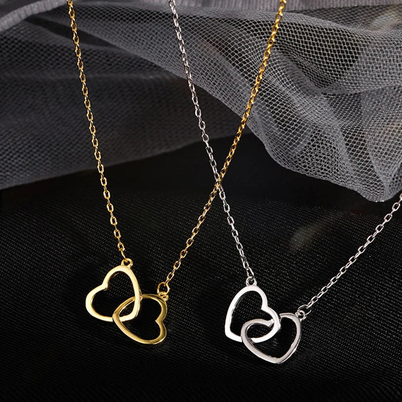 New 925 Sterling Silver Double Ring Heart Necklace Female Clavicle Chain Simple Temperament Necklace Wedding Jewelry Accessories