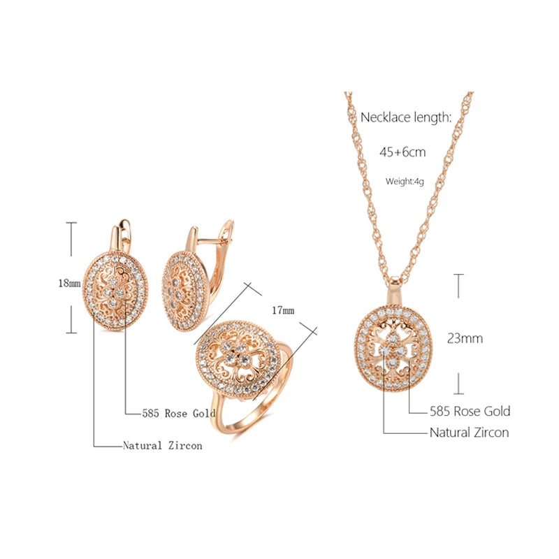 Hot Fashion 585 Rose Gold Crystal  Flower Necklace Earrings Ring Sets for Women Natural Zircon Ethnic Bride Wedding Jewelry Set