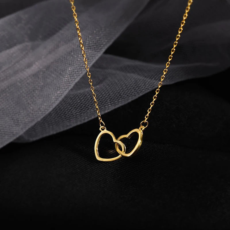 New 925 Sterling Silver Double Ring Heart Necklace Female Clavicle Chain Simple Temperament Necklace Wedding Jewelry Accessories