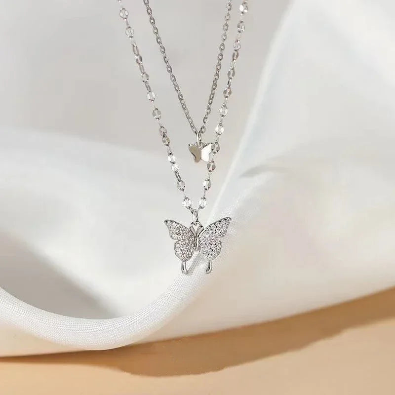 LATS New Elegant Silver color Shiny Butterfly Necklaces Ladies Exquisite Double Layer Clavicle Chain Necklace Jewelry Gift