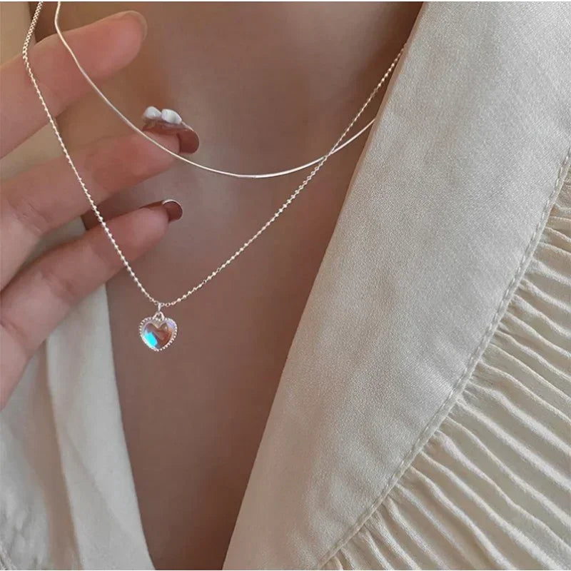 Simple Lucky Bean Love Clavicle Chain for Girls Women Double Layer Heart Pendant Necklaces Korean Fashion Sweet Jewelry Gifts