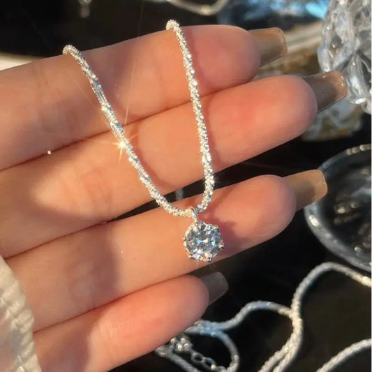 Popular S925 Sterling Silver Sparkling Necklace for Women Light Luxury Round White Diamond Pendant Galaxy Collar Chain Jewelry