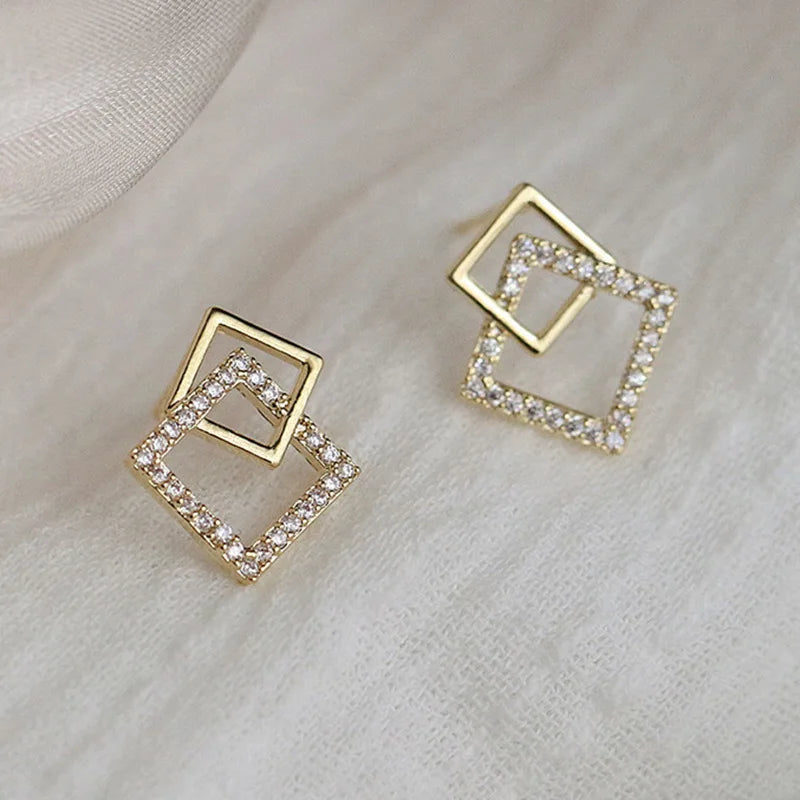 Korean Geometric Double Layers Rhombus Earrings for Women Gold Color Crystal Temperament Earring 2025 Fashion Jewelry Gift