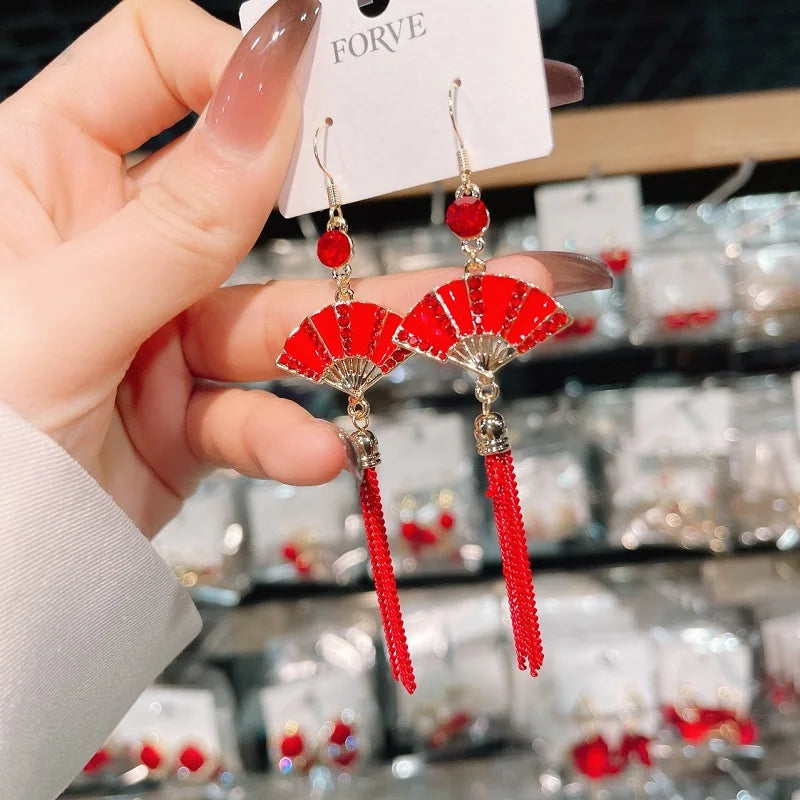 Chinese Style Festive Good Luck Red Earrings For Women Folding Fan Metal Tassel Pendant Charm Earrings Party Jewelry Gifts