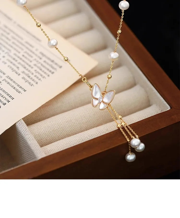 Sweet Butterfly Design Natural Freshwater Pearl 14K Gold Filled Female Necklace Jewelry For Women Short Chains No Fade Cheap