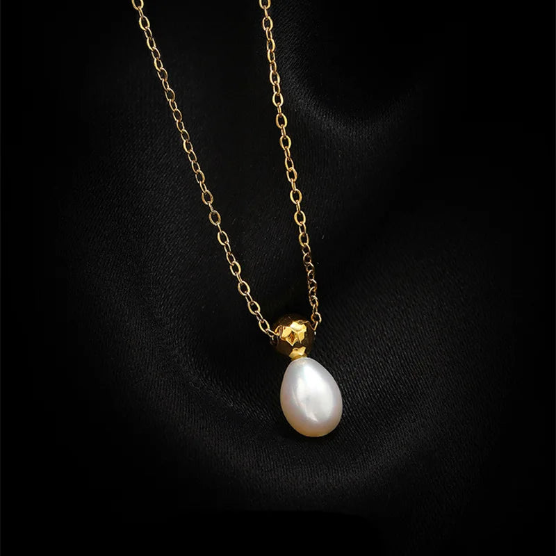 Stainless Steel Retro Gold Color Water Drop Pearl Pendant Necklace for Women Exquisite Korea Chokers Bride Jewelry Colorfast