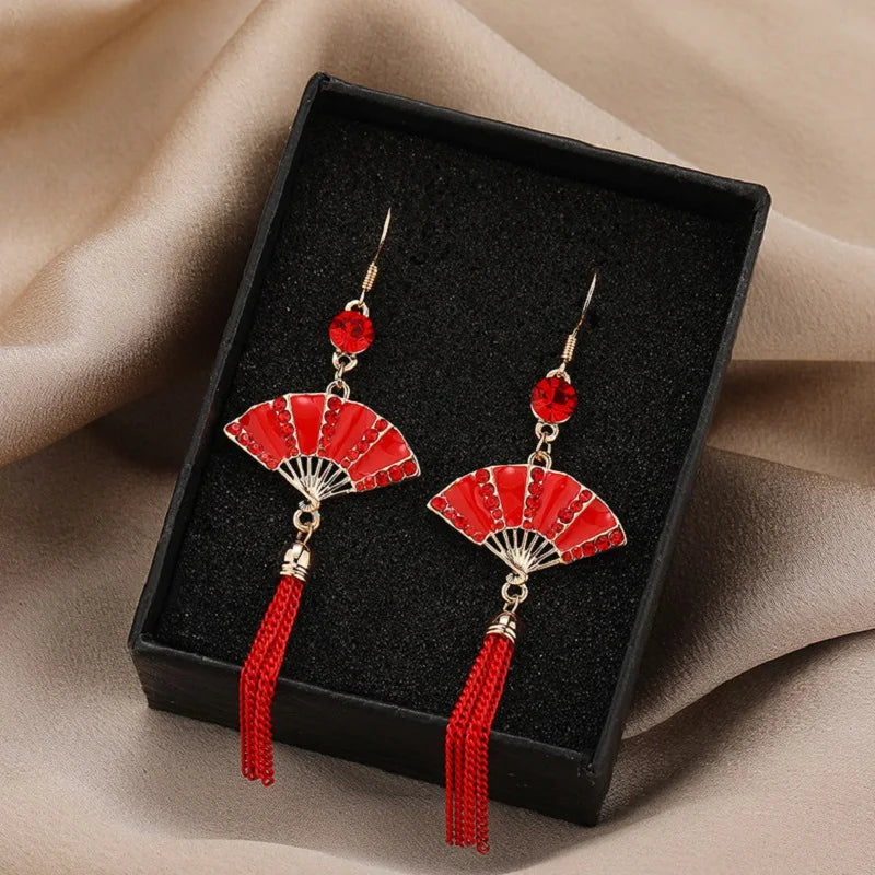 Chinese Style Festive Good Luck Red Earrings For Women Folding Fan Metal Tassel Pendant Charm Earrings Party Jewelry Gifts