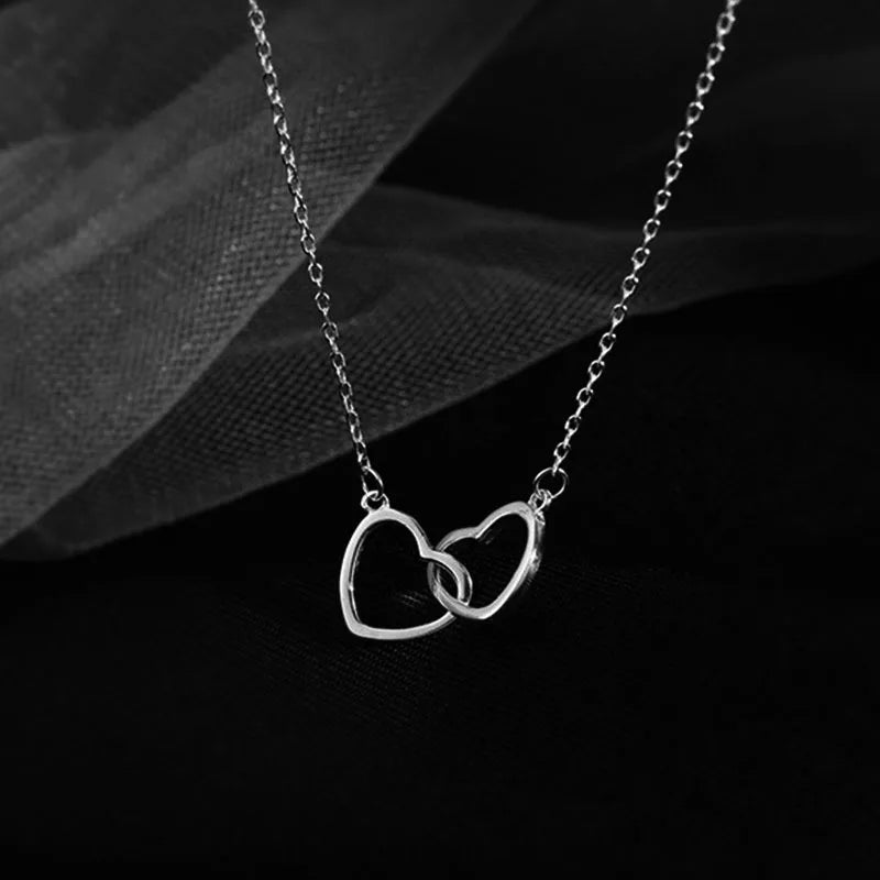 New 925 Sterling Silver Double Ring Heart Necklace Female Clavicle Chain Simple Temperament Necklace Wedding Jewelry Accessories