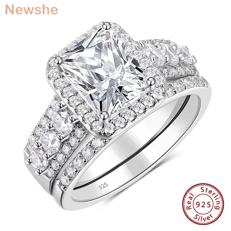 Newshe 4CT Wedding Rings Set Radiant Cut 925 Sterling Silver Engagement Ring for Woman AAAAA Cubic Zircon