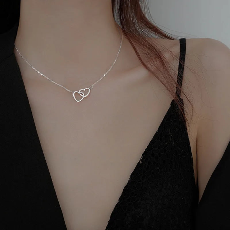 New 925 Sterling Silver Double Ring Heart Necklace Female Clavicle Chain Simple Temperament Necklace Wedding Jewelry Accessories