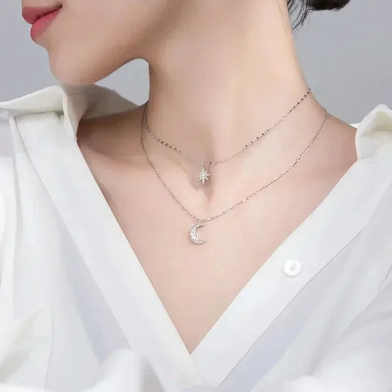 New Fashion Silver Color Double Layer Star Moon Necklace for Women Charm Delicate Zircon Stainless Steel Choker Chain Jewelry