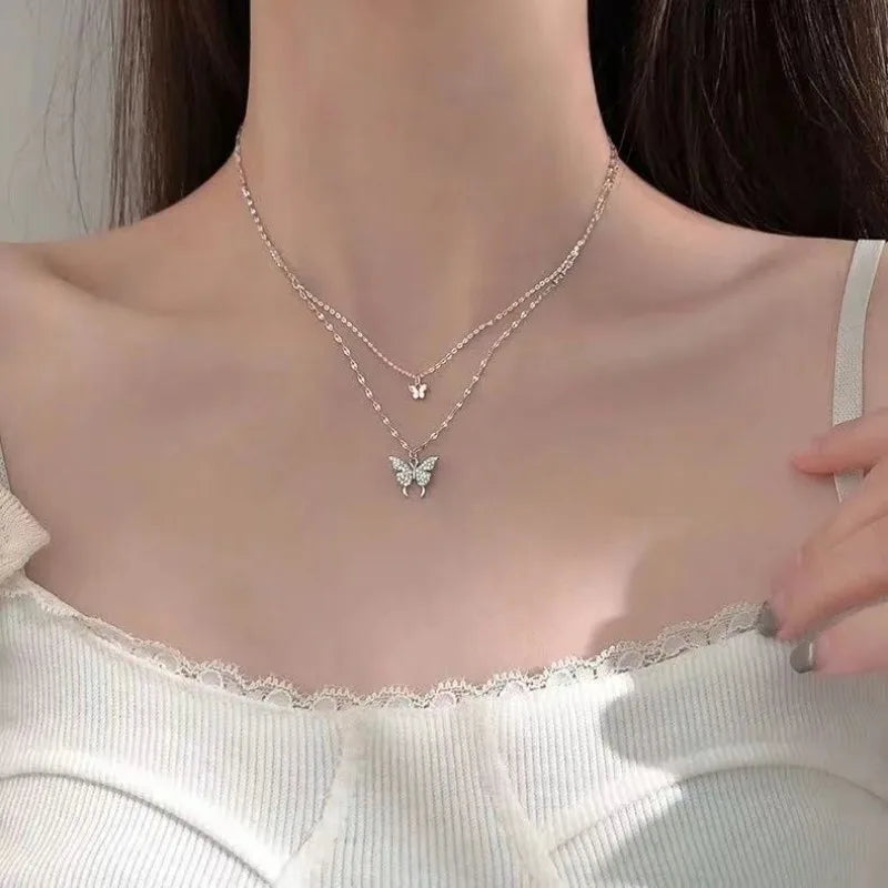 Simple Double Layer Star Moon Charm Multilayered Necklace Delicate Clavicle Chain Zircon for Women Fashion Jewellery