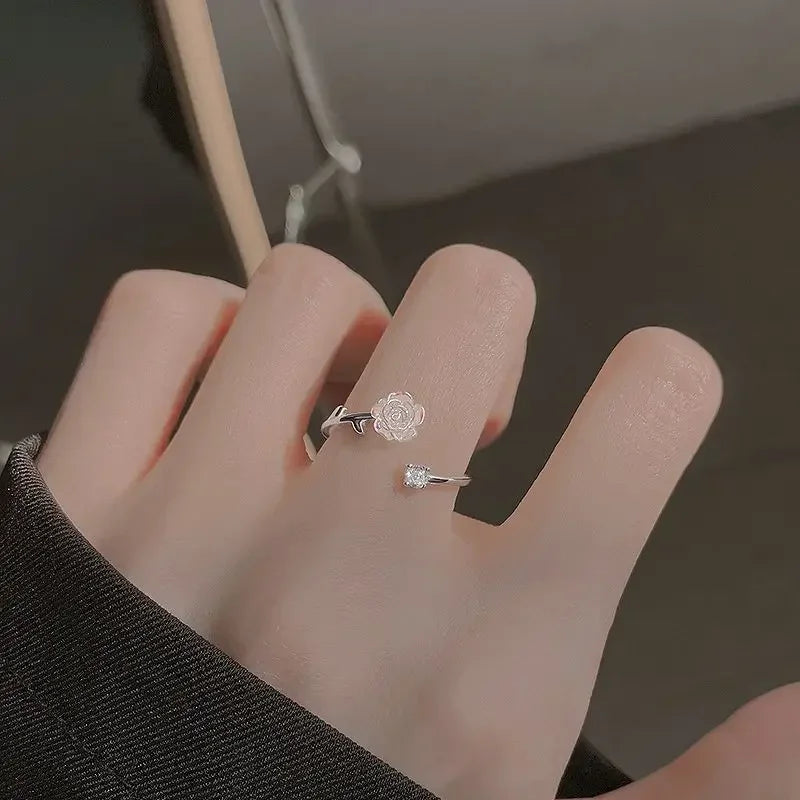 Luxury Zircon Flower Opening Rings for Women Cubic Zirconia Rose Cherry Blossom Tulip Adjustable Finger Ring Wedding Jewelry