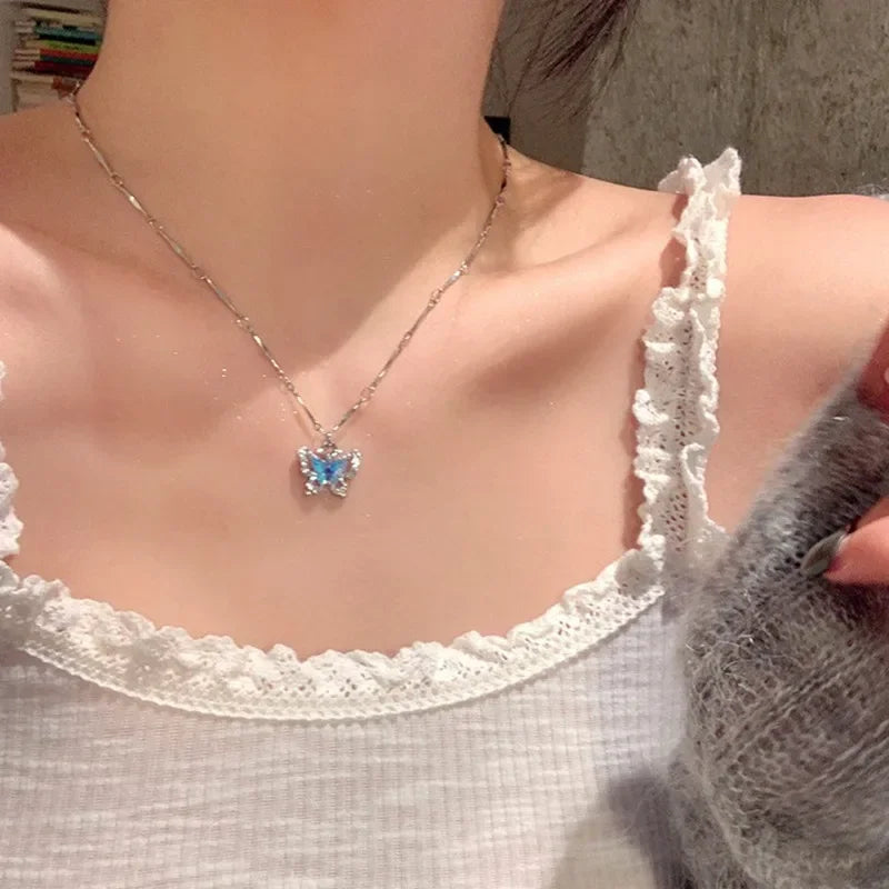 Summer Blue Crystal Stone Butterfly Pendant Double Layer Necklace for Women Fashion Daily Accessory Party Jewelry Birthday Gifts