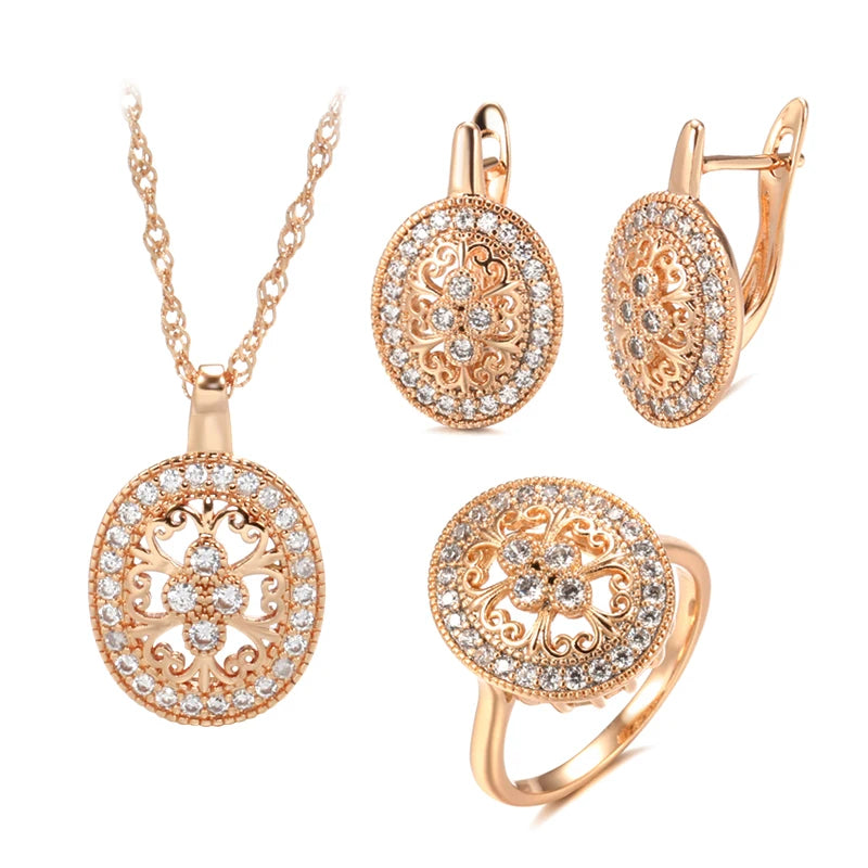 Hot Fashion 585 Rose Gold Crystal  Flower Necklace Earrings Ring Sets for Women Natural Zircon Ethnic Bride Wedding Jewelry Set