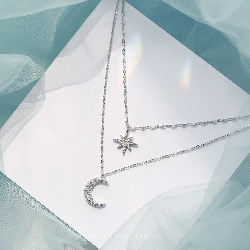 Simple Double Layer Star Moon Charm Multilayered Necklace Delicate Clavicle Chain Zircon for Women Fashion Jewellery