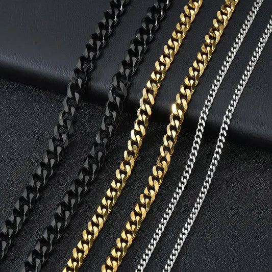 Punk Stainless Steel Necklace 3/5/7mm Curb Cuban Necklaces For Men Black Color Gold Color Link Chain Chokers Solid Metal Jewelry