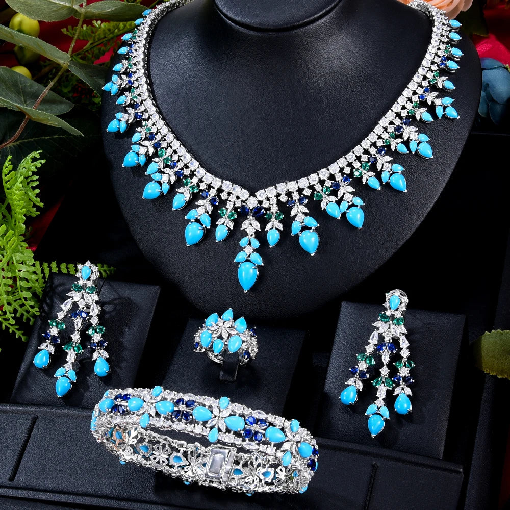 Luxury Turquoise Bridal 4-Piece Set of Dubai Jewellery Necklace Earrings Bracelet Ring Set Wedding Birdes Accessoires