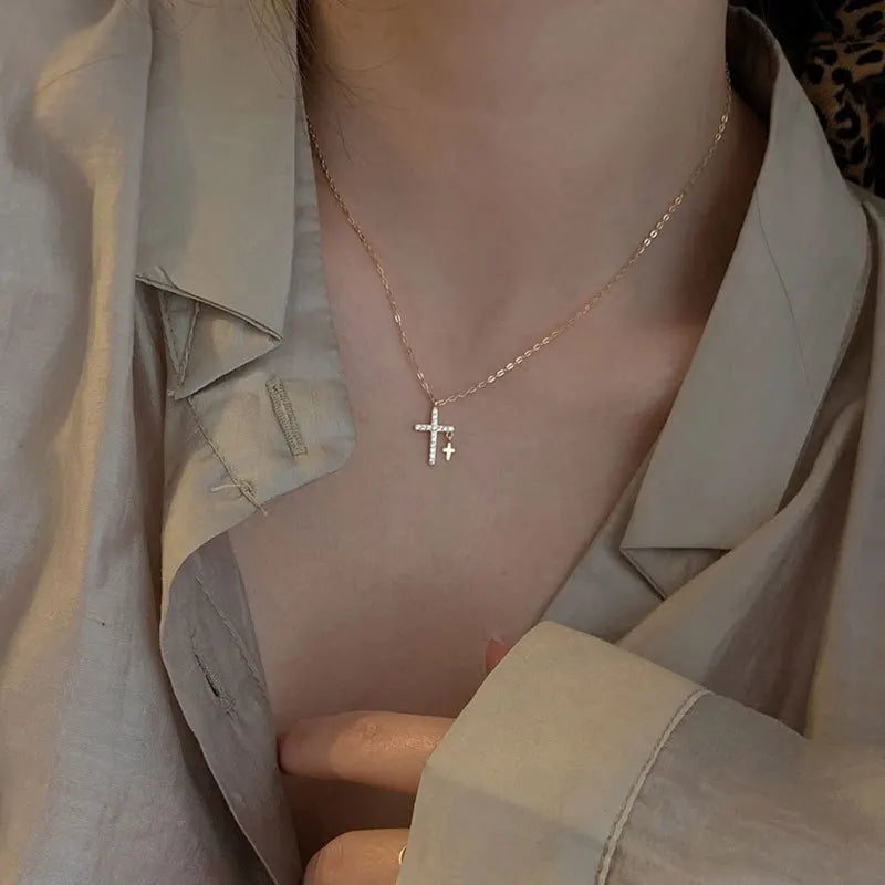 Fashion Light Luxury Zircon Cross Pendant Necklaces For Women Gold Silver Color Clavicle Chain Necklace Jewelry