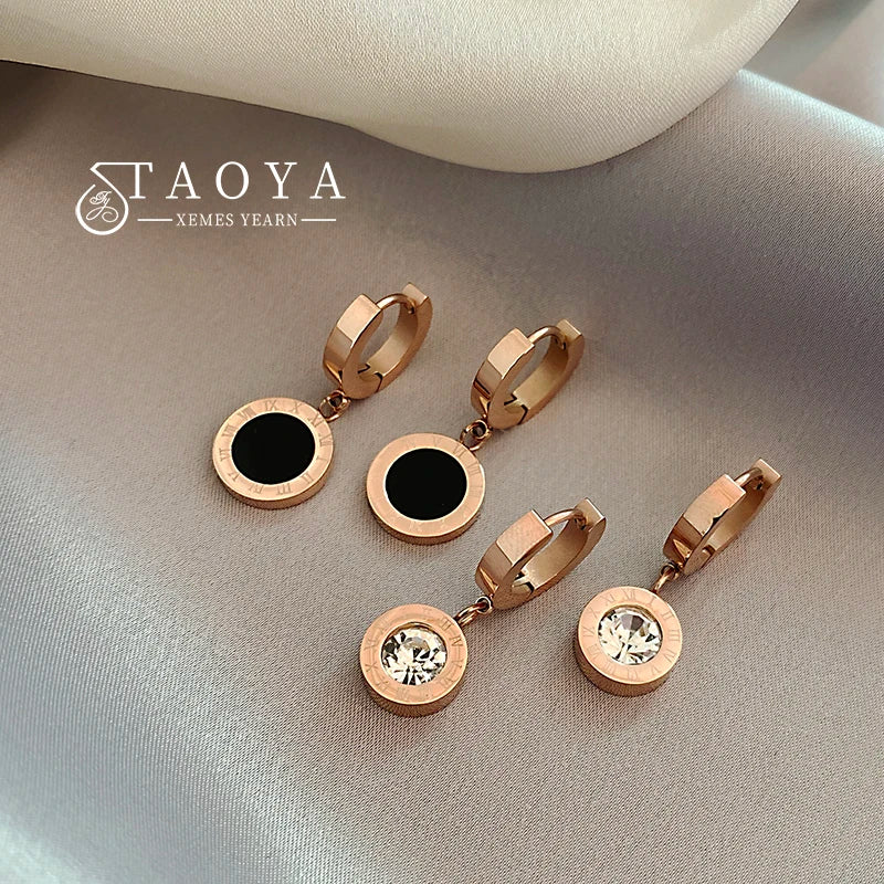 Fashion Classic Roman Black Disc Pendant Stainless Steel Rose Gold Colour Earrings Women's Colorless Jewelry Accessories