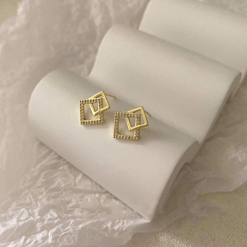 Korean Geometric Double Layers Rhombus Earrings for Women Gold Color Crystal Temperament Earring 2025 Fashion Jewelry Gift