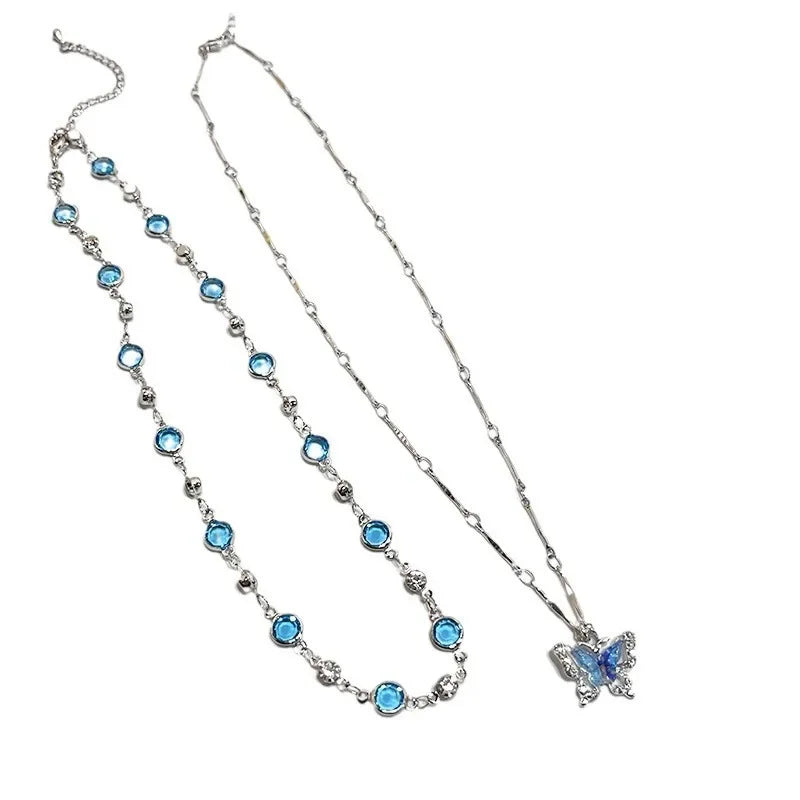 Summer Blue Crystal Stone Butterfly Pendant Double Layer Necklace for Women Fashion Daily Accessory Party Jewelry Birthday Gifts