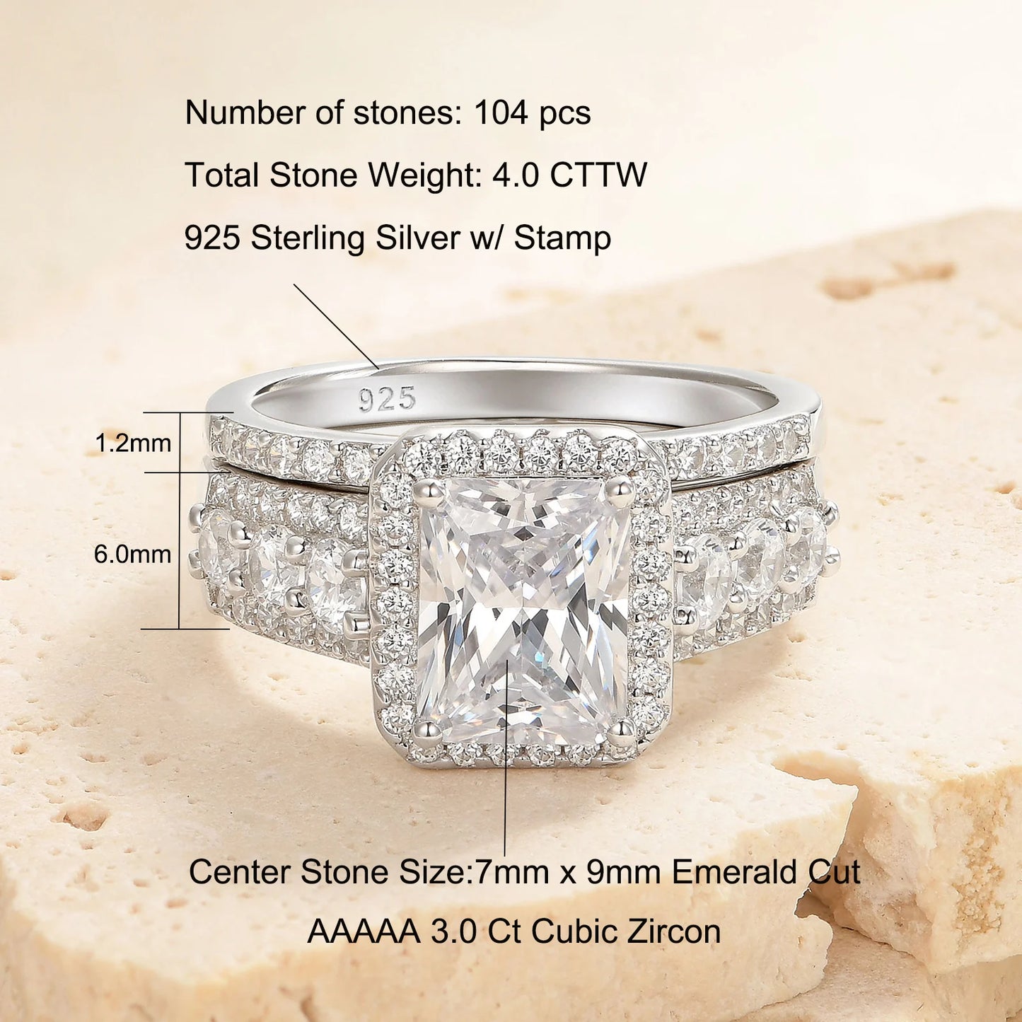 Newshe 4CT Wedding Rings Set Radiant Cut 925 Sterling Silver Engagement Ring for Woman AAAAA Cubic Zircon