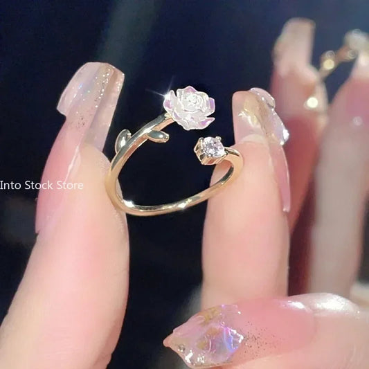 Luxury Zircon Flower Opening Rings for Women Cubic Zirconia Rose Cherry Blossom Tulip Adjustable Finger Ring Wedding Jewelry