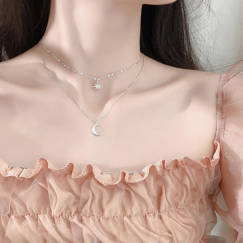 Simple Double Layer Star Moon Charm Multilayered Necklace Delicate Clavicle Chain Zircon for Women Fashion Jewellery