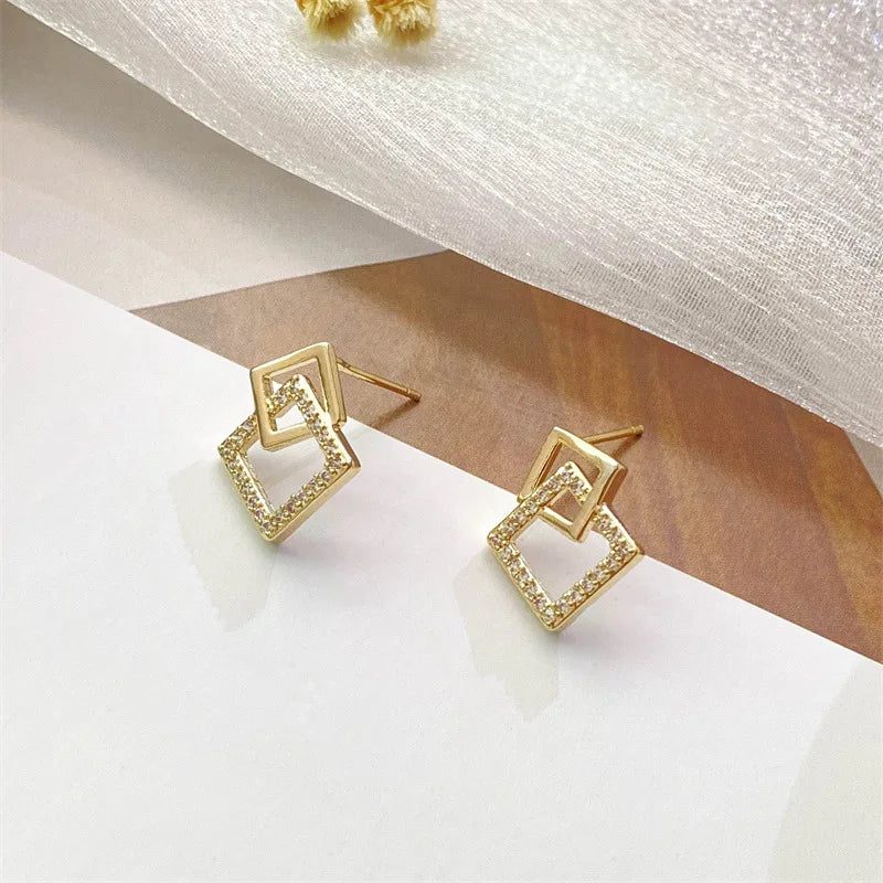 Korean Geometric Double Layers Rhombus Earrings for Women Gold Color Crystal Temperament Earring 2025 Fashion Jewelry Gift