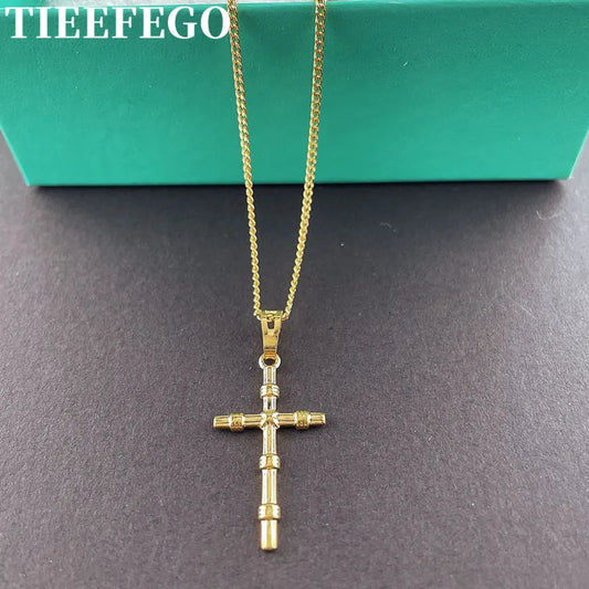 TIEEFEGO 24K Gold Necklace Religious Faith Cross Pendant Necklace for Women & Men Jewelry Gifts